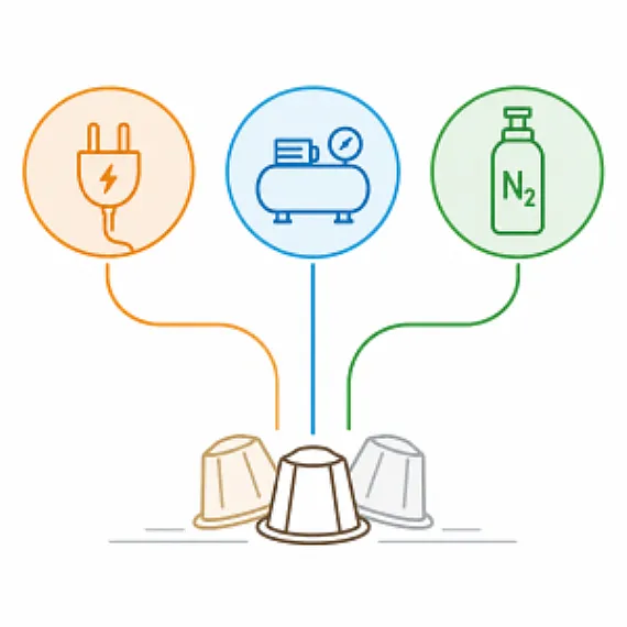 Requisitos de la máquina de llenado de cápsulas de café: Energía eléctrica, aire comprimido y nitrógeno.